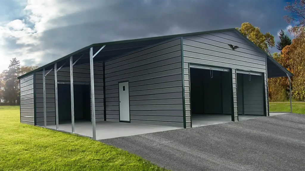 Double Metal Garage with Vertical Roof and Lean to with Storage