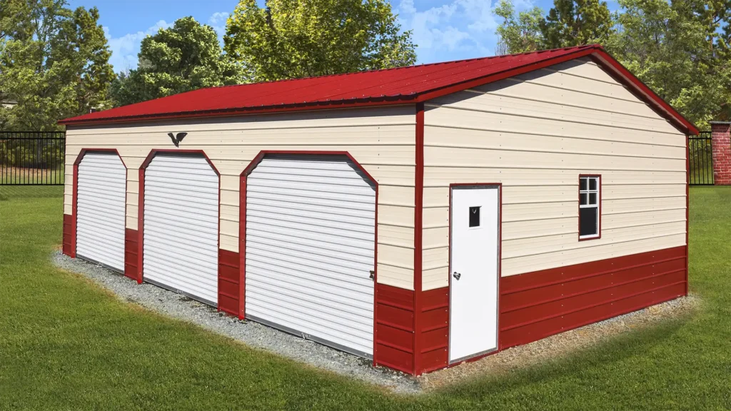 Triple Car Metal Garage with Vertical Roof and Wainscot