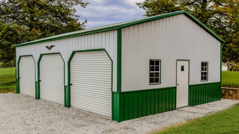 Triple Car Metal Garage with Vertical Roof and Wainscot